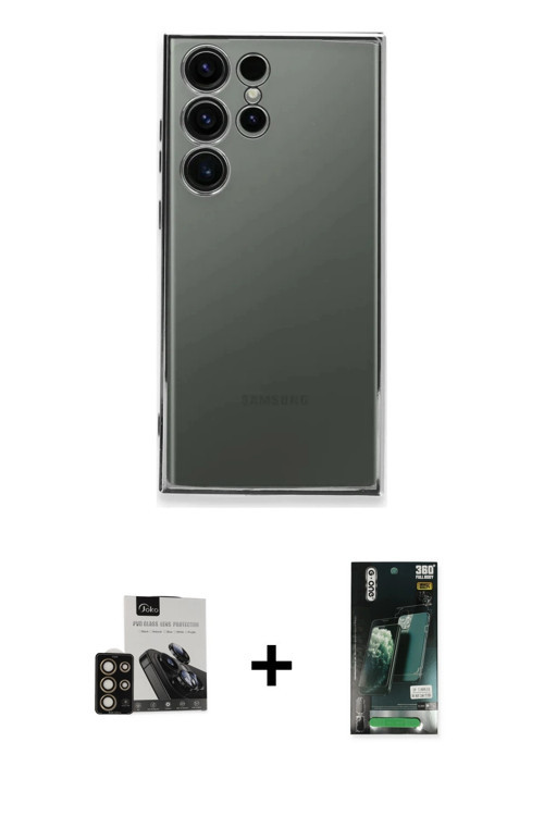 ieg™ Galaxy S23 Ultra Kılıf Vadi Minimal - Şeffaf 360 Full Body Arka Koruyucu + Gold PVD Metal Kamer