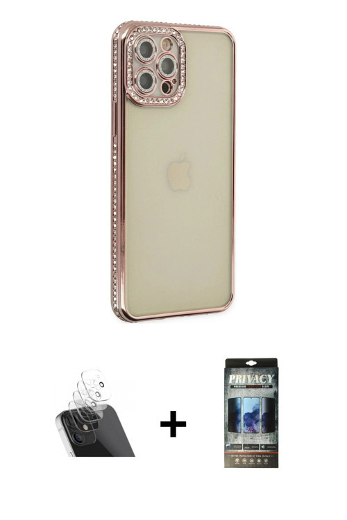 ieg™ iPhone 12 Pro Kılıf Yörünge Koleksiyonu - Siyah 34D Hayalet Izgaralı Cam + Şeffaf Kamera Lens K
