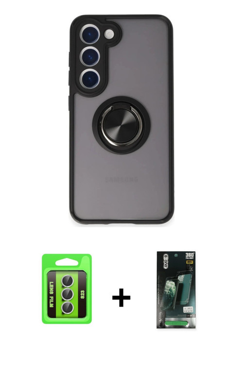 ieg™ Galaxy S23 Kılıf Yörünge Çizgi - Şeffaf 360 Full Body Arka Koruyucu + Gümüş Raze Metal Kamera L