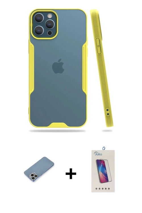 ieg™ iPhone 12 Pro Max Kılıf Atlas Asil Serisi - Siyah Joko 5D Cam + Gökkuşağı Shine Kamera Lens Kor