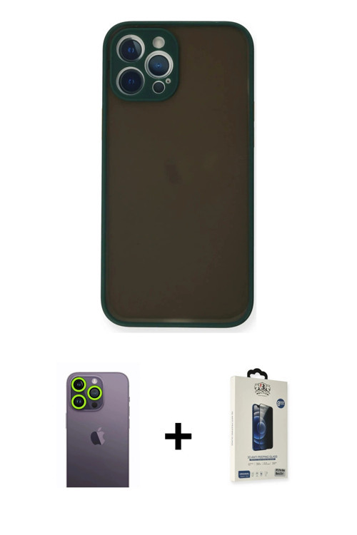 ieg™ iPhone 12 Pro Max Kılıf Ahenk Çizgi Serisi - Siyah Bilvis Hayalet Cam Ekran Koruyucu + Yeşil Ne