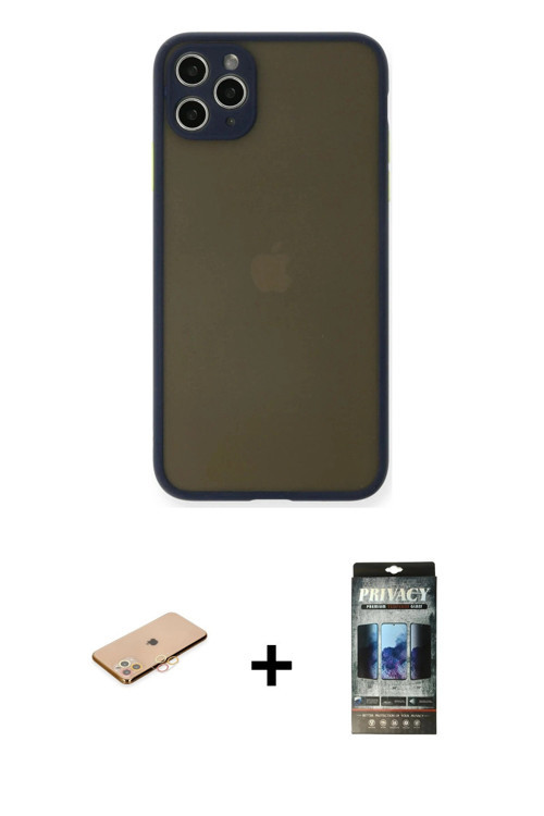 ieg™ iPhone 11 Pro Max Kılıf Ahenk Çizgi Serisi - Siyah 34D Hayalet Izgaralı Cam + Turuncu Renkli Ka