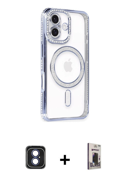 ieg™ iPhone 16 Kılıf Zirve Doku Prime - Siyah Bilvis Hayalet Cam Ekran Koruyucu + Mavi PVD Metal Kam