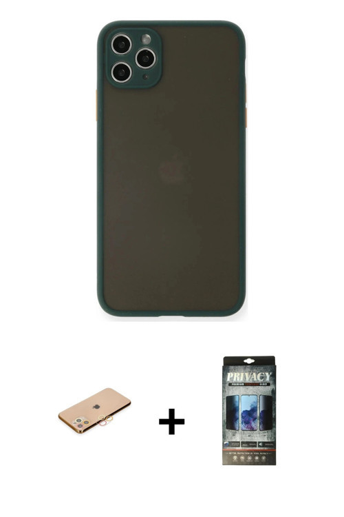 ieg™ iPhone 11 Pro Max Kılıf Ahenk Çizgi Serisi - Siyah 34D Hayalet Izgaralı Cam + Turuncu Renkli Ka