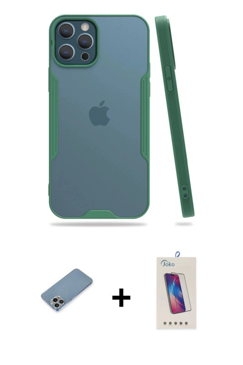 ieg™ iPhone 12 Pro Max Kılıf Atlas Asil Serisi - Siyah Joko 5D Cam + Gökkuşağı Shine Kamera Lens Kor