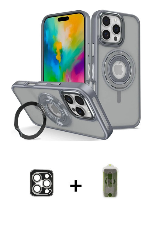 ieg™ iPhone 16 Pro Max Kılıf Nova Minimal Serisi - Siyah Joko Magic 5D Hayalet Cam + Gümüş PVD Metal