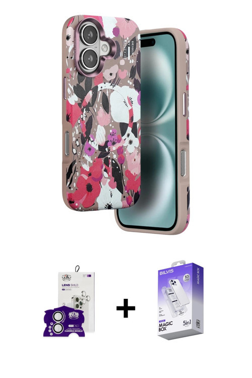 ieg™ iPhone 16 Kılıf Siluet Doku - Siyah Bilvis 5in1 3D Magic Cam Ekran Koruyucu + Gümüş Bilvis Tita