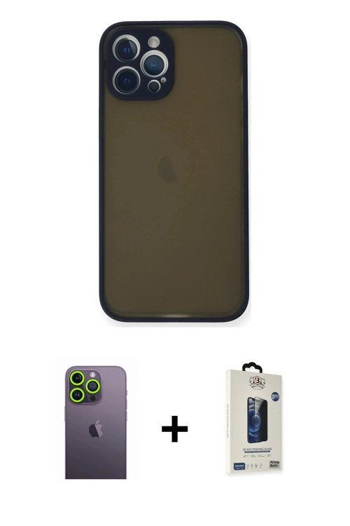 ieg™ iPhone 12 Pro Max Kılıf Ahenk Çizgi Serisi - Siyah Bilvis Hayalet Cam Ekran Koruyucu + Yeşil Ne