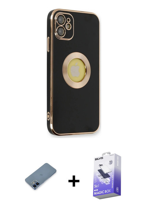 ieg™ iPhone 12 Kılıf İz Form Serisi - Siyah Bilvis 5in1 5D Magic Hayalet Cam Ekran Koruyucu + Mavi M