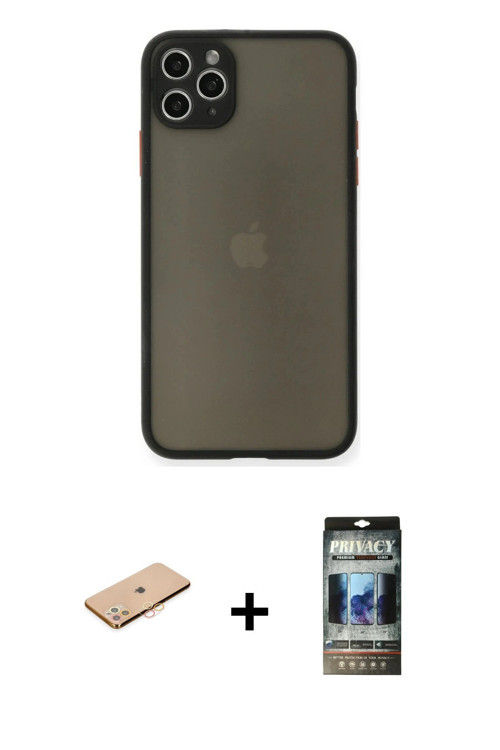ieg™ iPhone 11 Pro Max Kılıf Ahenk Çizgi Serisi - Siyah 34D Hayalet Izgaralı Cam + Turuncu Renkli Ka