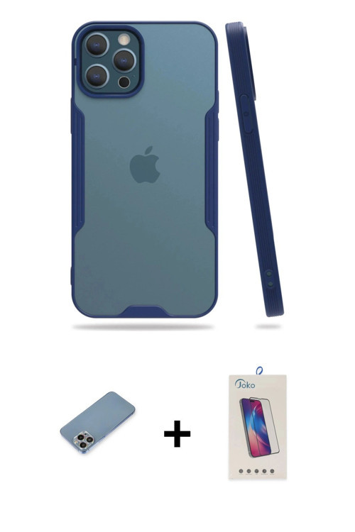 ieg™ iPhone 12 Pro Max Kılıf Atlas Asil Serisi - Siyah Joko 5D Cam + Gökkuşağı Shine Kamera Lens Kor