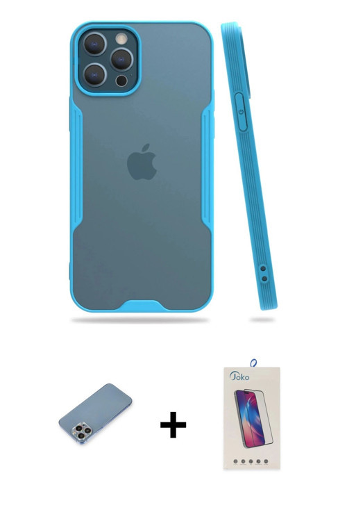 ieg™ iPhone 12 Pro Max Kılıf Atlas Asil Serisi - Siyah Joko 5D Cam + Gökkuşağı Shine Kamera Lens Kor