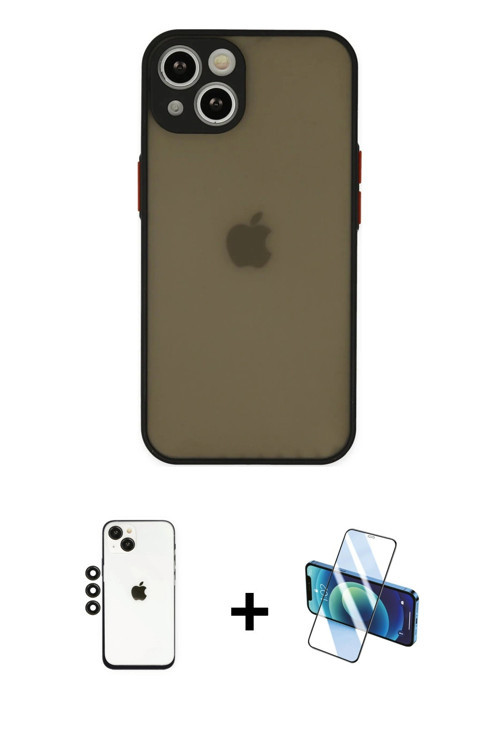 ieg™ iPhone 14 Kılıf Ahenk Çizgi Serisi - Siyah 3D Antistatik Cam Ekran Koruyucu + Siyah Shine Kamer