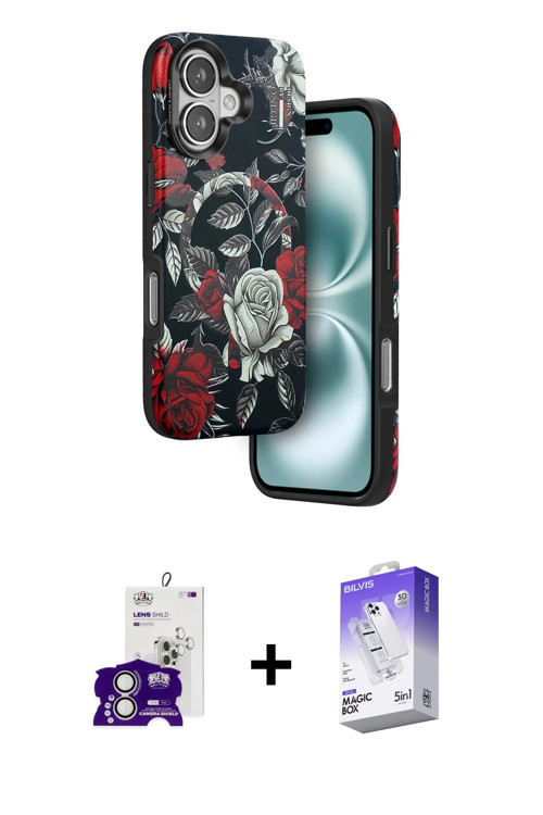 ieg™ iPhone 16 Kılıf Siluet Doku - Siyah Bilvis 5in1 3D Magic Cam Ekran Koruyucu + Gümüş Bilvis Tita