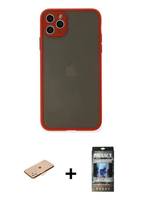 ieg™ iPhone 11 Pro Max Kılıf Ahenk Çizgi Serisi - Siyah 34D Hayalet Izgaralı Cam + Turuncu Renkli Ka