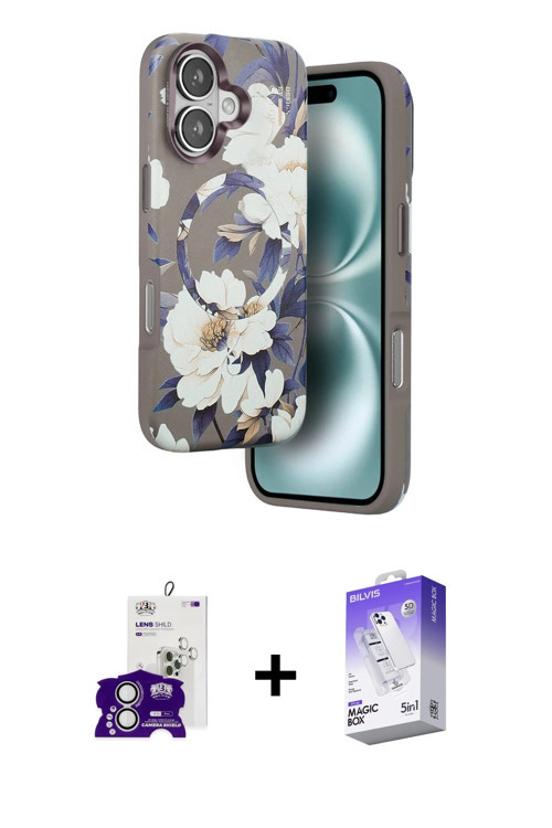 ieg™ iPhone 16 Kılıf Siluet Doku - Siyah Bilvis 5in1 3D Magic Cam Ekran Koruyucu + Gümüş Bilvis Tita