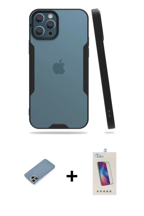 ieg™ iPhone 12 Pro Max Kılıf Atlas Asil Serisi - Siyah Joko 5D Cam + Gökkuşağı Shine Kamera Lens Kor