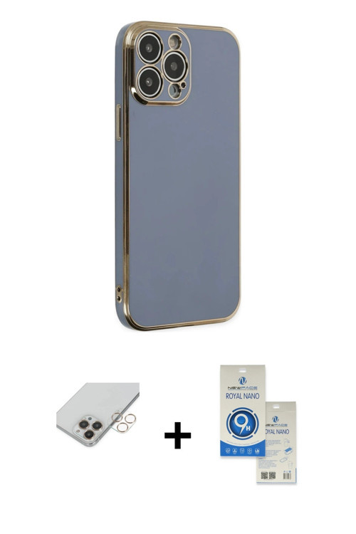 ieg™ iPhone 14 Pro Max Kılıf Yankı Serisi - Şeffaf Royal Nano Ekran Koruyucu + Gold Band Metal Kamer