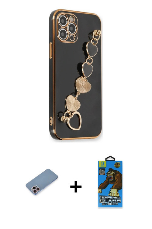 ieg™ iPhone 12 Pro Max Kılıf Nova Işık Prime - Siyah 18D Cam Ekran Koruyucu + Pembe Shine Kamera Len