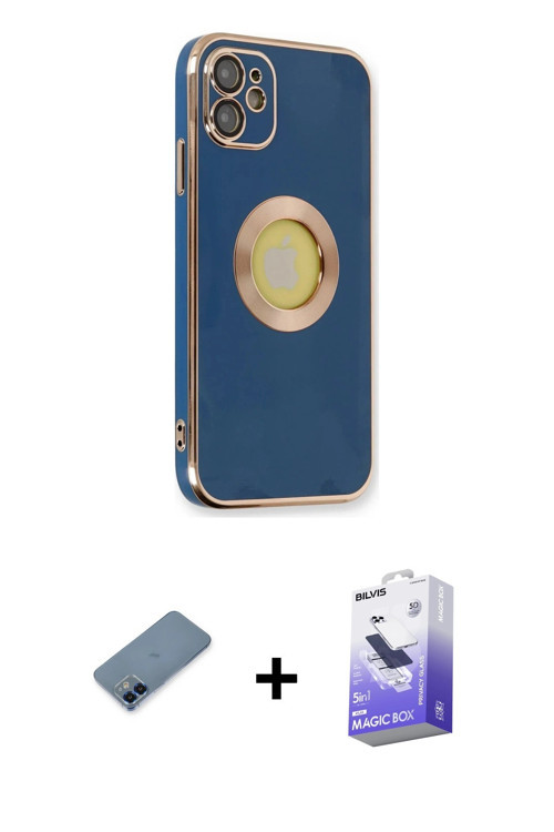ieg™ iPhone 12 Kılıf İz Form Serisi - Siyah Bilvis 5in1 5D Magic Hayalet Cam Ekran Koruyucu + Mavi M