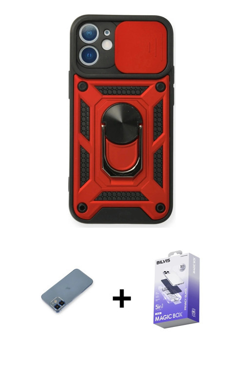 ieg™ iPhone 12 Kılıf Ahenk Klasik - Siyah Bilvis 5in1 5D Magic Hayalet Cam Ekran Koruyucu + Mavi Met
