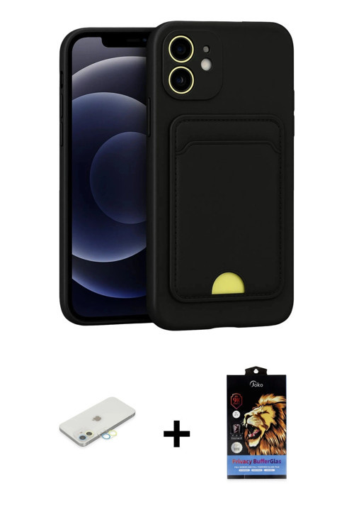 ieg™ iPhone 11 Kılıf Vadi Çizgi Prime - Siyah Buffer Hayalet Cam Ekran Koruyucu + Sarı Renkli Kamera