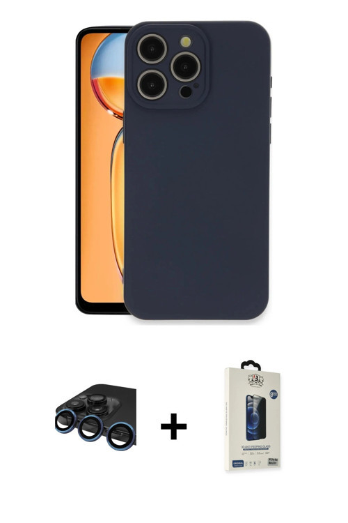 ieg™ iPhone 15 Pro Max Kılıf Ahenk Serisi - Siyah Bilvis Hayalet Cam Ekran Koruyucu + Lacivert Raze