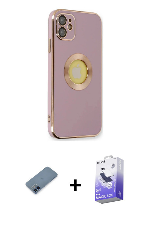 ieg™ iPhone 12 Kılıf İz Form Serisi - Siyah Bilvis 5in1 5D Magic Hayalet Cam Ekran Koruyucu + Mavi M