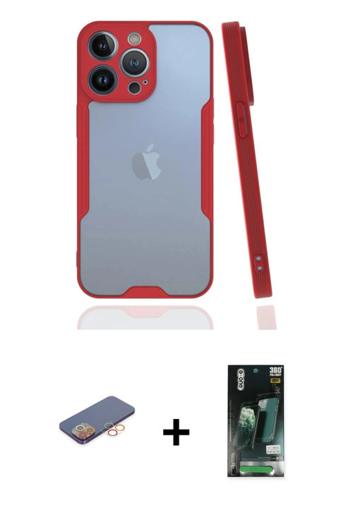 ieg™ iPhone 13 Pro Kılıf Atlas Asil Serisi - Şeffaf 360 Full Body Arka Koruyucu + Turuncu Renkli Kam