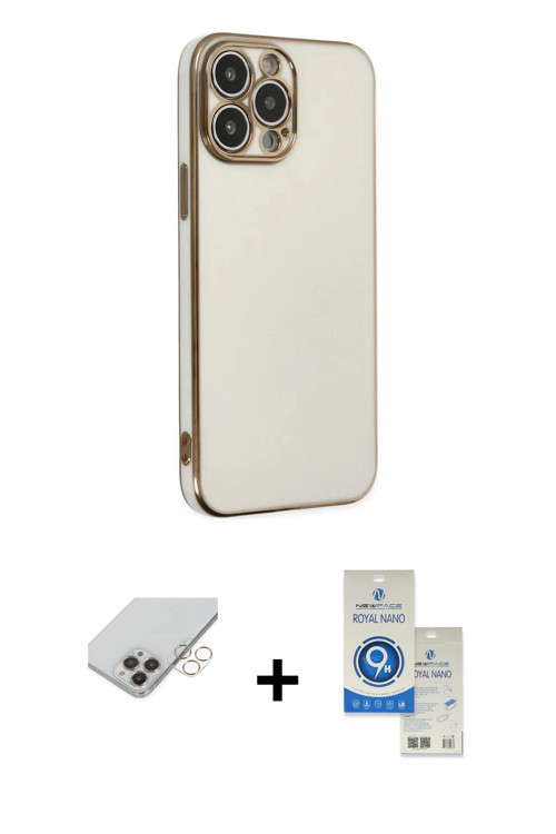 ieg™ iPhone 14 Pro Max Kılıf Yankı Serisi - Şeffaf Royal Nano Ekran Koruyucu + Gold Band Metal Kamer