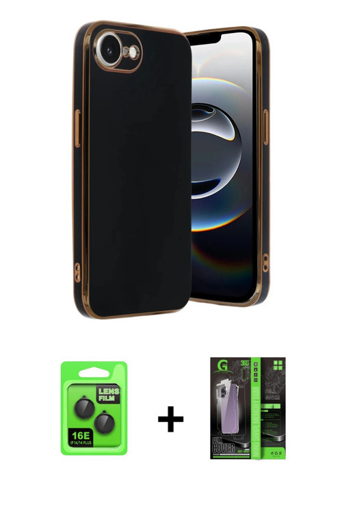 ieg™ iPhone 16E Kılıf Yankı Serisi - Şeffaf 360 Full Body Arka Koruyucu + Siyah Raze Metal Kamera Le