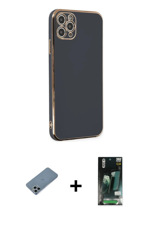 ieg™ iPhone 11 Pro Max Kılıf Yankı Serisi - Siyah 360 Mat Full Body Arka Koruyucu + Sierra Blue Shin