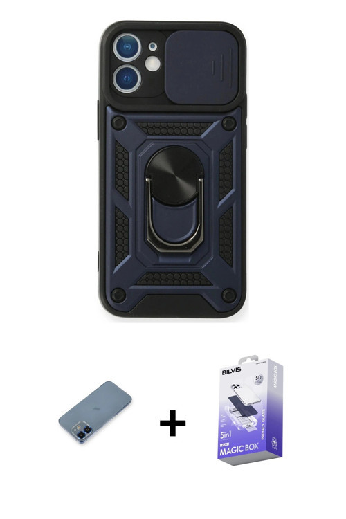 ieg™ iPhone 12 Kılıf Ahenk Klasik - Siyah Bilvis 5in1 5D Magic Hayalet Cam Ekran Koruyucu + Mavi Met
