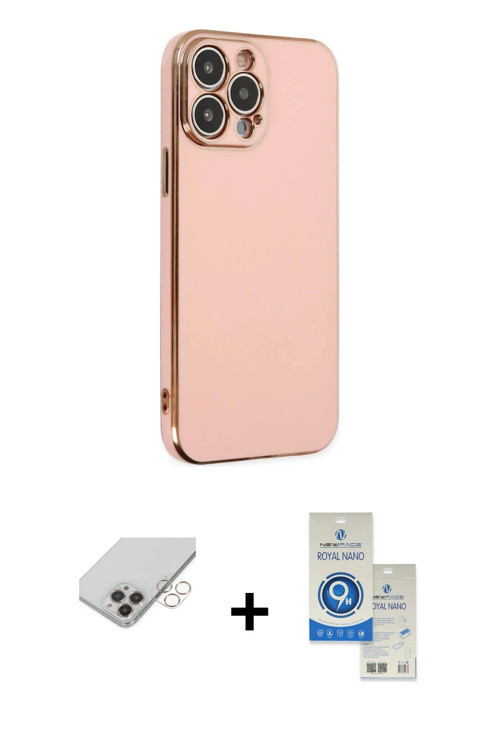 ieg™ iPhone 14 Pro Max Kılıf Yankı Serisi - Şeffaf Royal Nano Ekran Koruyucu + Gold Band Metal Kamer