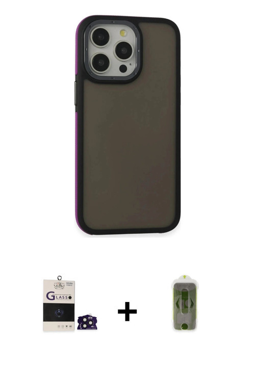 ieg™ iPhone 14 Pro Max Kılıf Eksen Işık - Siyah Joko Magic 5D Hayalet Cam + Derin Mor Bilvis Titan K
