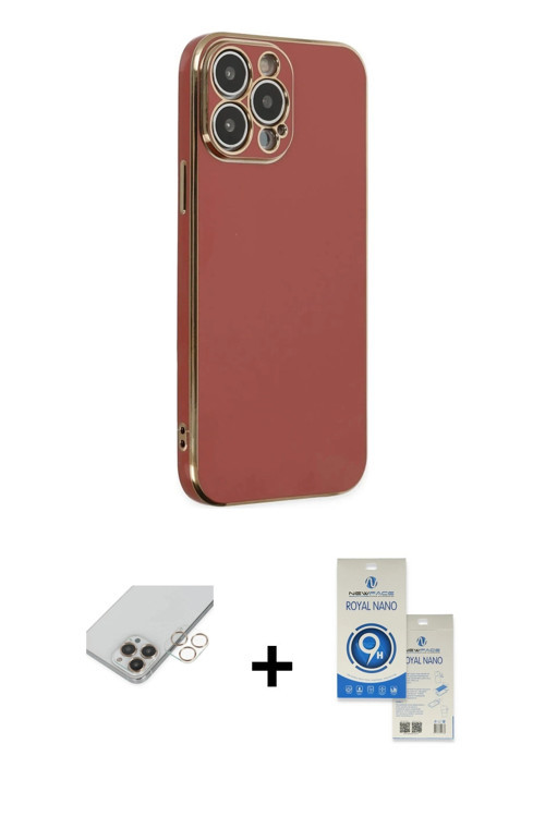 ieg™ iPhone 14 Pro Max Kılıf Yankı Serisi - Şeffaf Royal Nano Ekran Koruyucu + Gold Band Metal Kamer