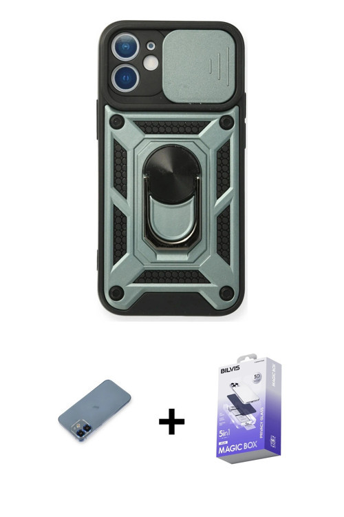 ieg™ iPhone 12 Kılıf Ahenk Klasik - Siyah Bilvis 5in1 5D Magic Hayalet Cam Ekran Koruyucu + Mavi Met