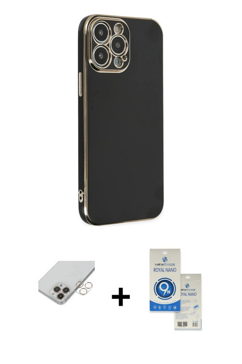 ieg™ iPhone 14 Pro Max Kılıf Yankı Serisi - Şeffaf Royal Nano Ekran Koruyucu + Gold Band Metal Kamer