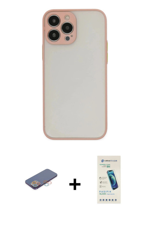 ieg™ iPhone 13 Pro Max Kılıf Ahenk Çizgi Serisi - Şeffaf Pasifik Cam Ekran Koruyucu + Pembe Renkli K