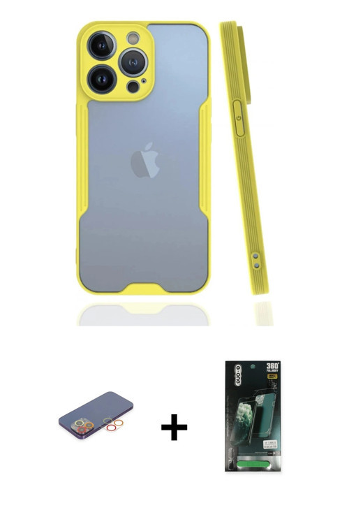 ieg™ iPhone 13 Pro Kılıf Atlas Asil Serisi - Şeffaf 360 Full Body Arka Koruyucu + Turuncu Renkli Kam
