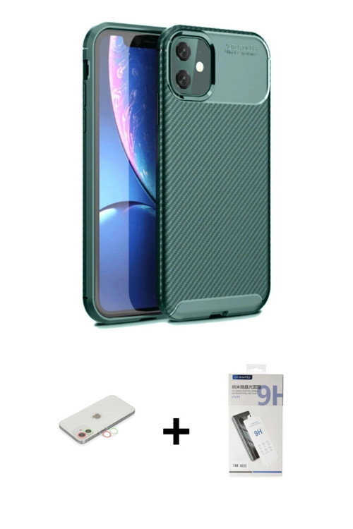 ieg™ iPhone 11 Kılıf Eksen Form Prime - Şeffaf Uv Polymer Nano Ekran Koruyucu + Yeşil Renkli Kamera