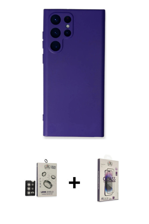 ieg™ Galaxy S24 Ultra Kılıf Ahenk Serisi - Siyah Bilvis 3D Cam Ekran Koruyucu + Derin Mor Bilvis Tit