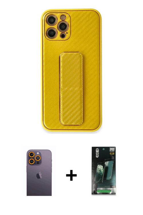 ieg™ iPhone 12 Pro Kılıf Yörünge Yansıma - Şeffaf 360 Full Body Arka Koruyucu + Sarı Neon Fosforlu K