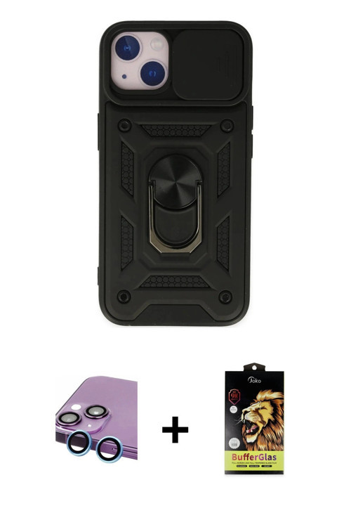 ieg™ iPhone 14 Kılıf Ahenk Klasik - Siyah Buffer Cam Ekran Koruyucu + Mavi Raze Metal Kamera Lens
