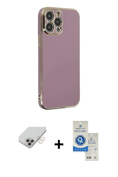 ieg™ iPhone 14 Pro Max Kılıf Yankı Serisi - Şeffaf Royal Nano Ekran Koruyucu + Gold Band Metal Kamer