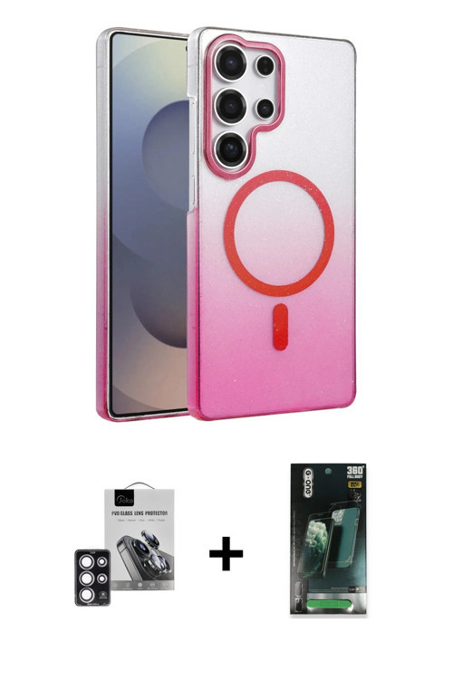 ieg™ Galaxy S24 Ultra Kılıf Ahenk Doku Özel Seri - Siyah 360 Mat Full Body Arka Koruyucu + Pembe PVD