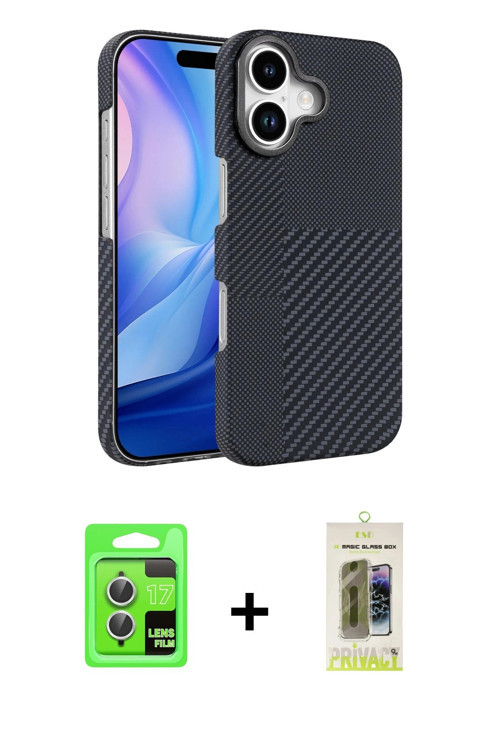 ieg™ iPhone 17 Kılıf Doruk Serisi - Siyah Joko Magic 5D Hayalet Cam + Gümüş Raze Metal Kamera Lens