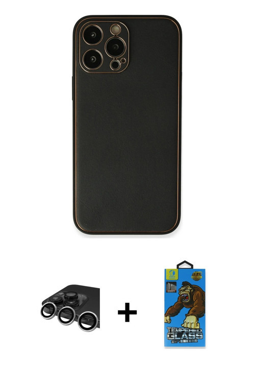 ieg™ iPhone 13 Pro Max Kılıf Yadigar Klasik - Siyah 18D Cam Ekran Koruyucu + Gümüş Raze Metal Kamera