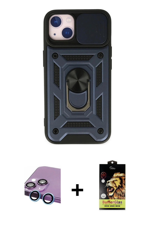 ieg™ iPhone 14 Kılıf Ahenk Klasik - Siyah Buffer Cam Ekran Koruyucu + Mavi Raze Metal Kamera Lens