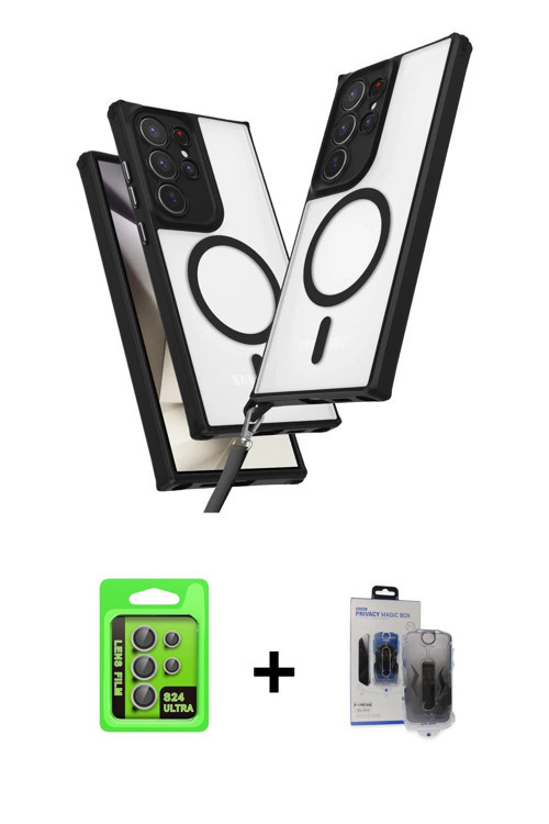 ieg™ Galaxy S24 Ultra Kılıf Atlas Doku Koleksiyonu - Siyah Vanessa Magic Hayalet Cam + Gri Raze Meta